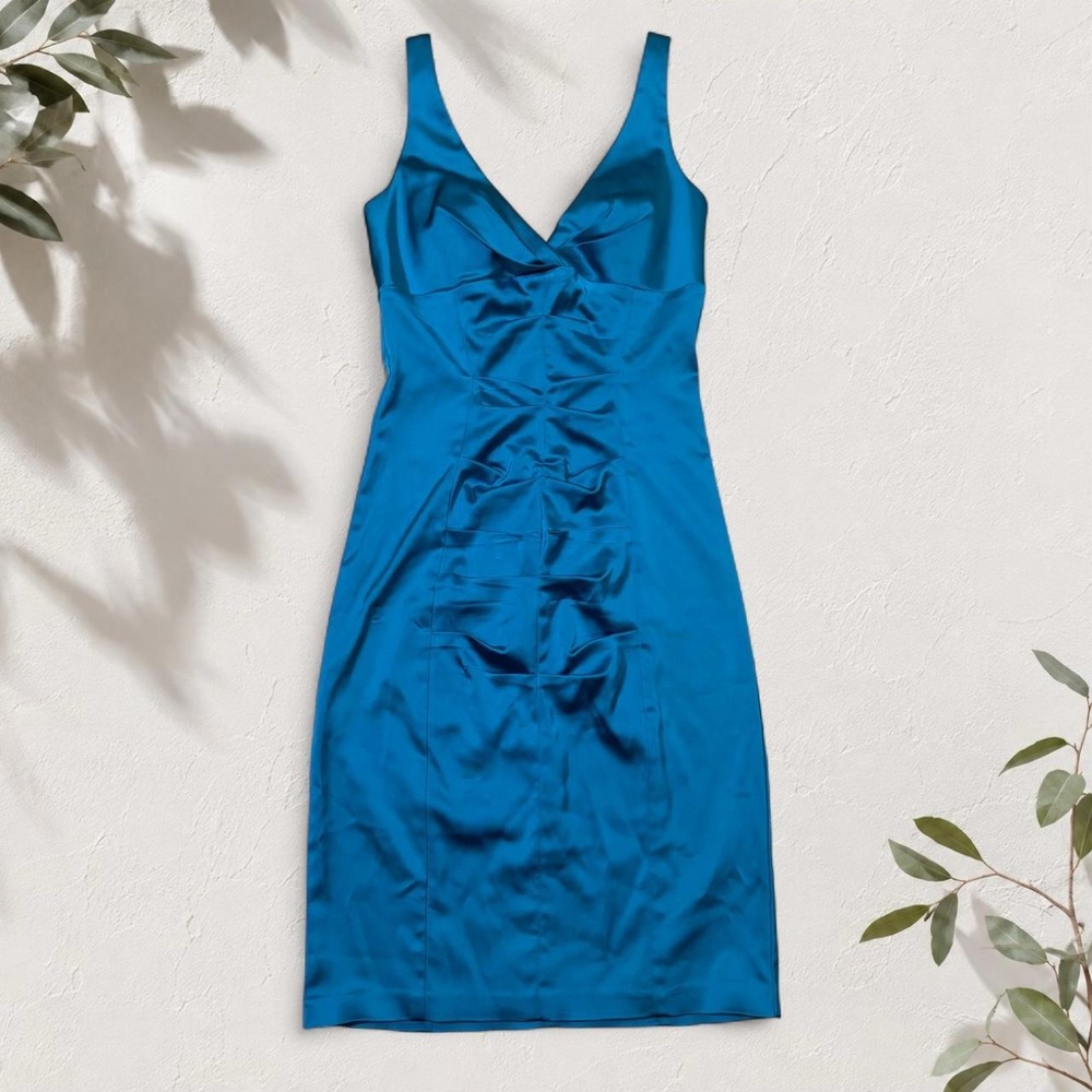 Vintage Cache Turquoise Ruched Bodycon Cocktail Dress Y2K Blue Satin 12